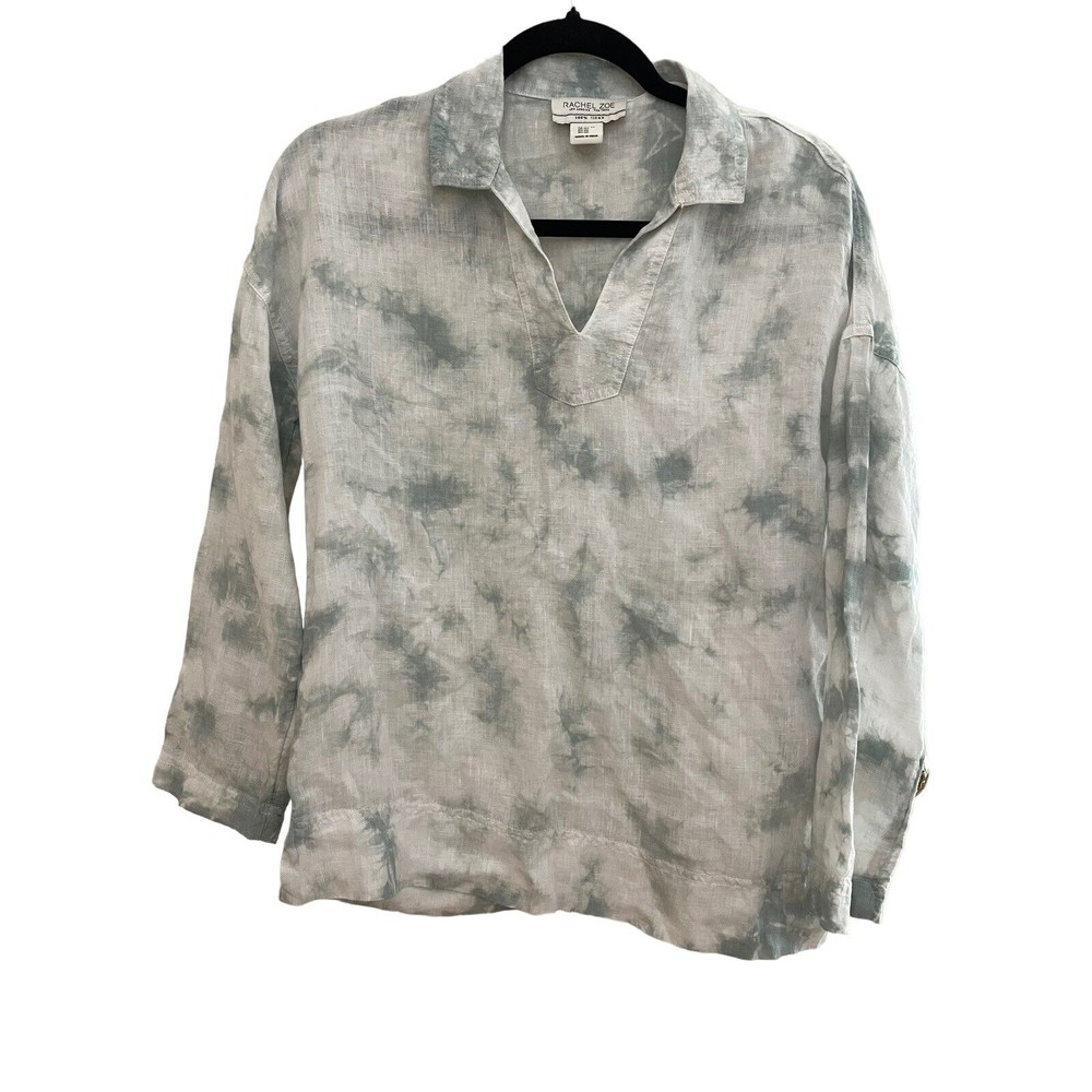 Rachel Zoe Linen‎ Tunic Top 3/4 Sleeve Green/White Tie Dye Size XS
